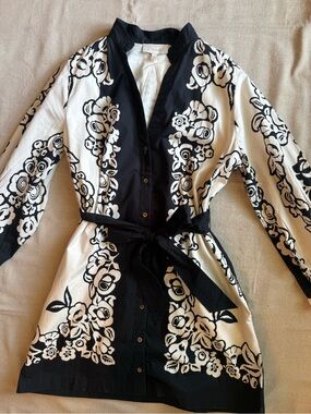 Cleobella Mini Black & White Floral Button-Front Tunic Dress with Waist Tie